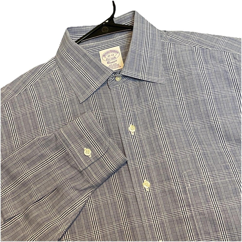 Brooks Brothers Classic Dress Shirt Mens 15-33 Blue Plaid Cotton Non Iron Formal